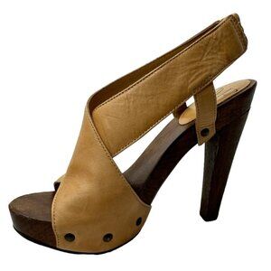 Diane Von Furstenberg Shoes Women 6 Tan Leather Open Toe‎ Slingback Wood Heels